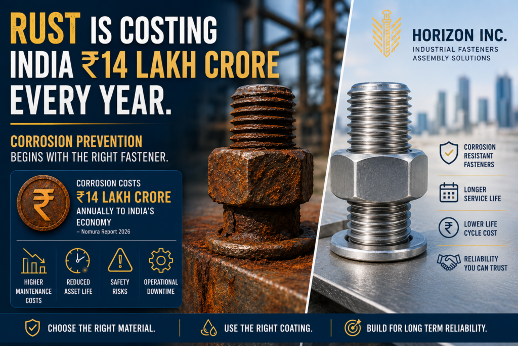 Rust is Costing India ₹14 Lakh Crore Every Year: Why Corrosion-Resistant Fasteners Matter 2 Horizon Inc. Corrosion-resistant fasteners used to prevent rust in industrial applications